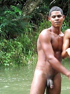 Dirty soldiers wash off cum in the river